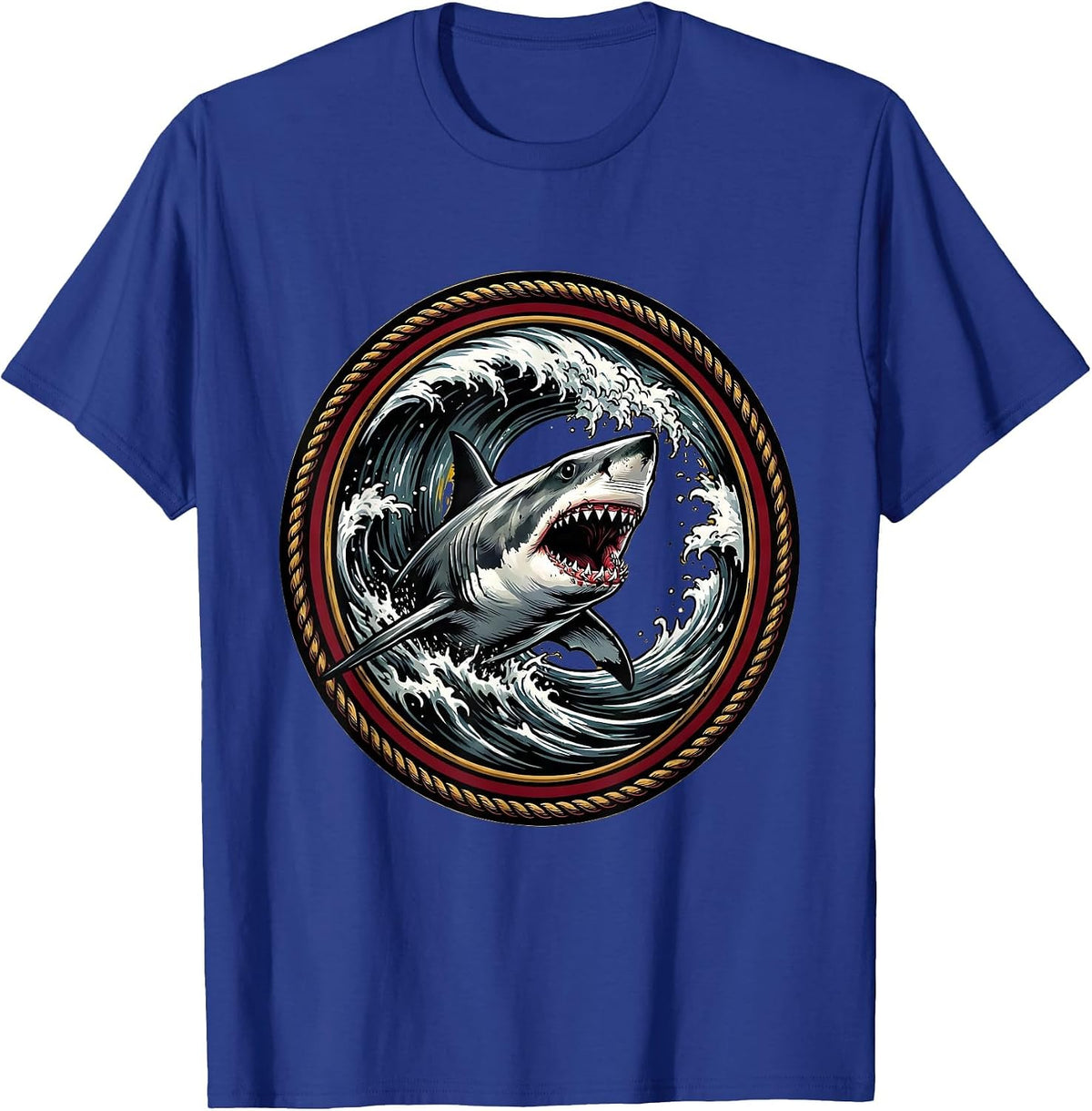 Shark Emerging From Crashing Barrel Wave T-Shirt - Royal Blue