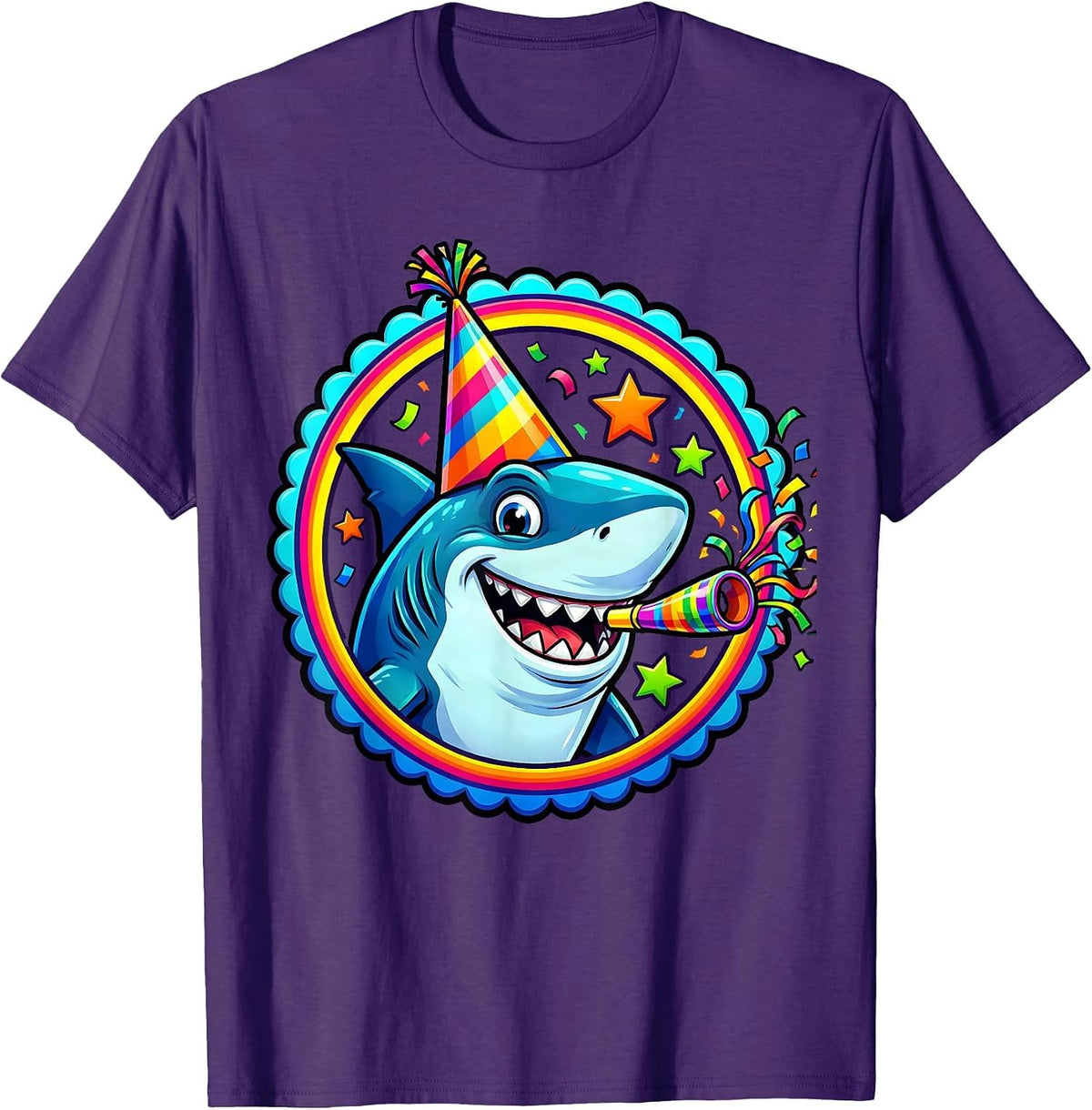 5th Birthday Shark Party Hat Noisemaker Design T-Shirt - Purple