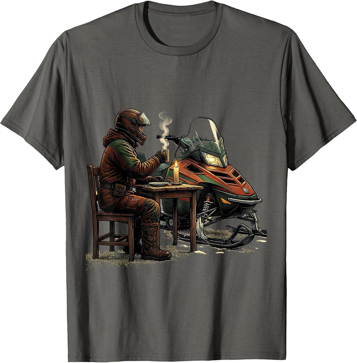 Helmeted Rider Snowmobile Dinner Humor Gift T-Shirt - Asphalt Grey