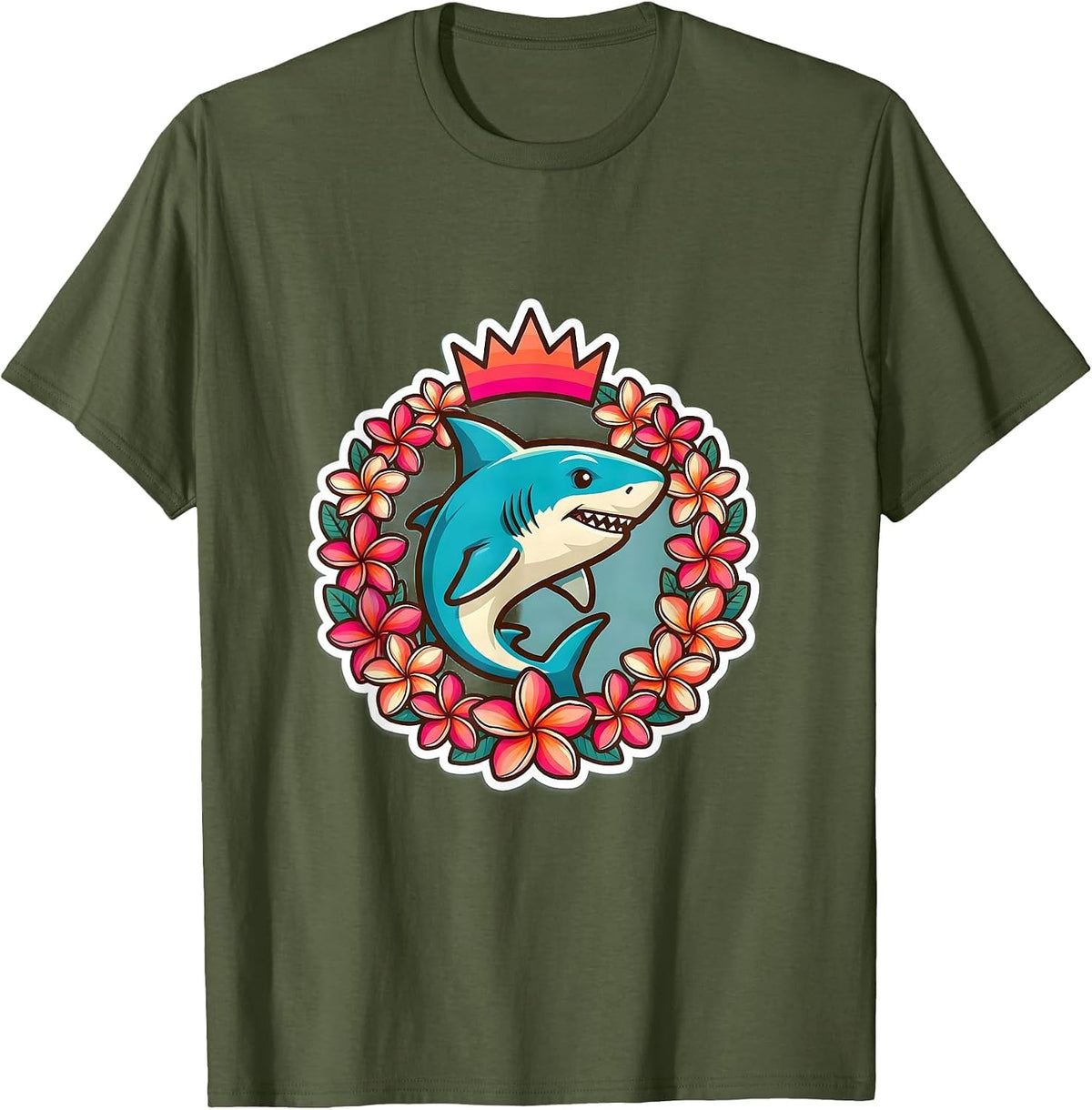 Men's Maui Plumeria Wreath Shark Tropical Illustration T-Shirt - Olive Green