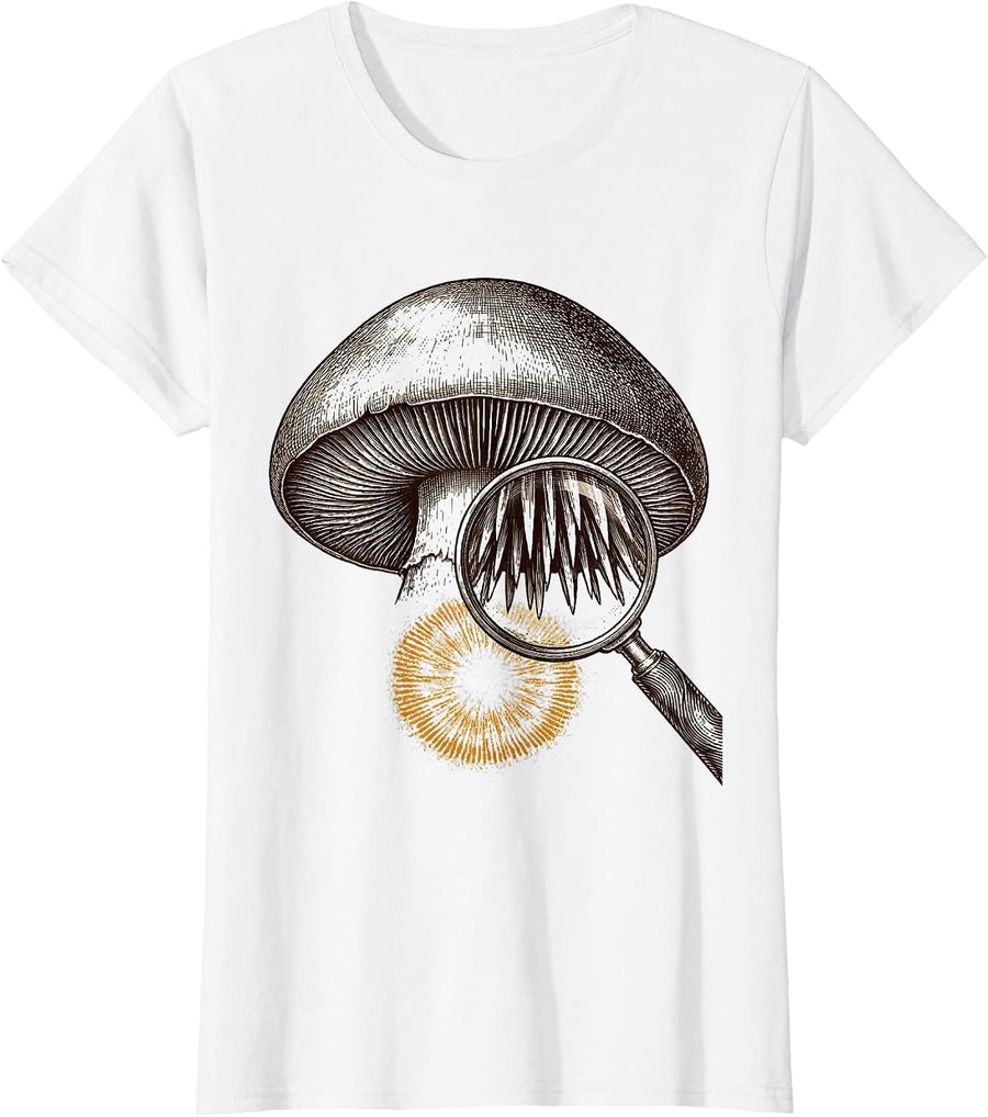 Women's Oversized Hedgehog Mushroom Crosshatch Etching Mycology T-Shirt - White