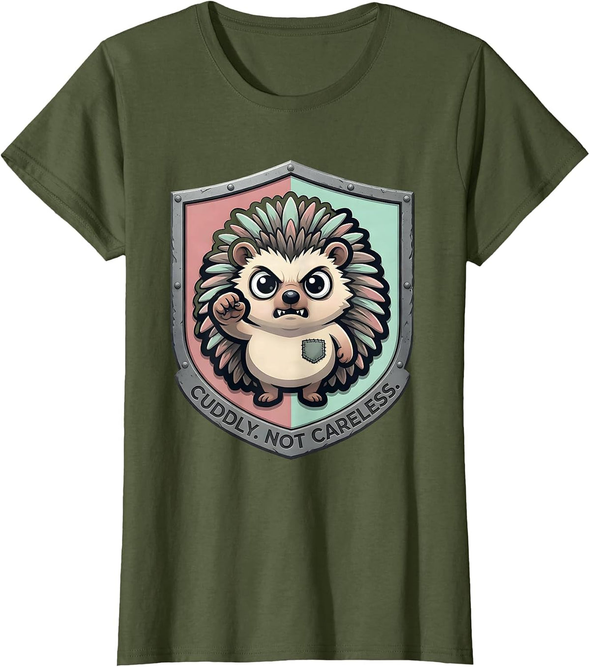 Women's Cuddly Not Careless Pastel Goth Kawaii Chibi Hedgehog Mascot T-Shirt - Olive Green