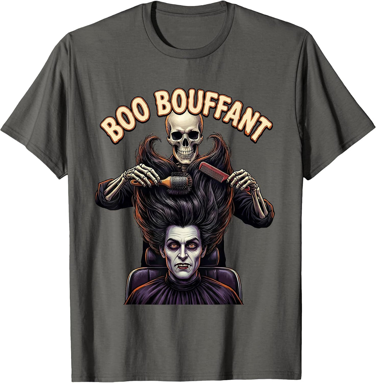 Boo Bouffant Horror Skeleton Hairstylist Halloween Humor T-Shirt - Asphalt Grey