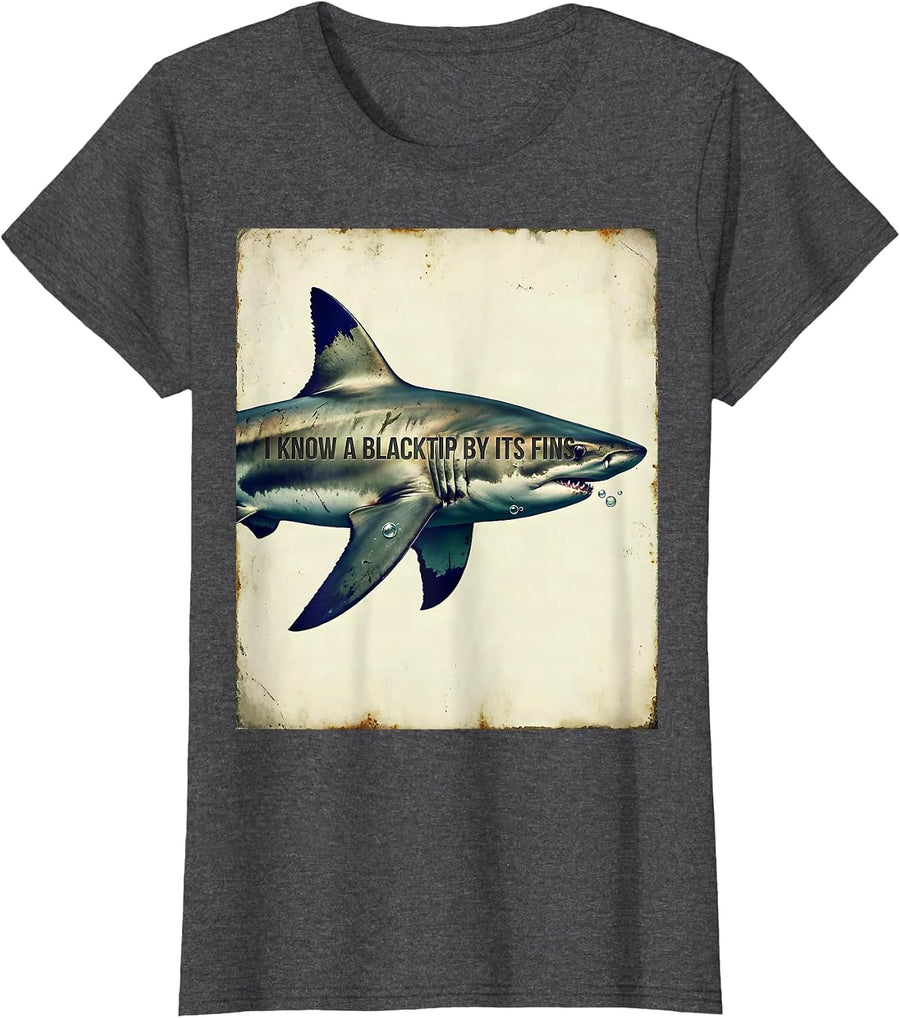 Women's I Know A Blacktip By Its Fins Vintage Shark Lover Ocean T-Shirt - Dark Heather Grey