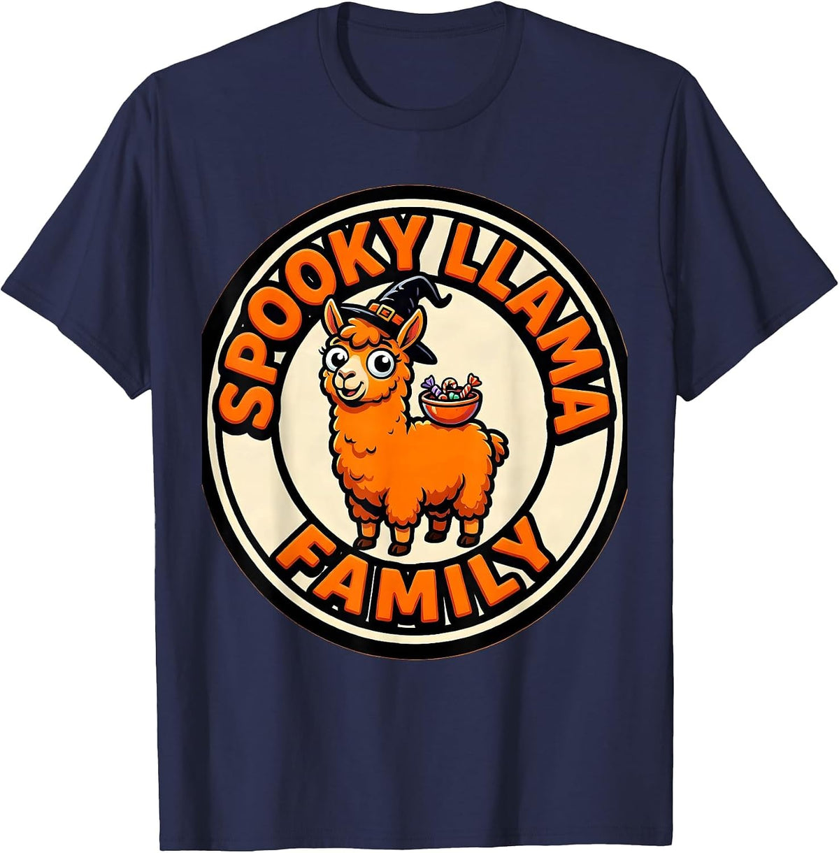 Men's Spooky Llama Family Funny Cartoon Halloween Llama Lover T-Shirt - Navy Blue