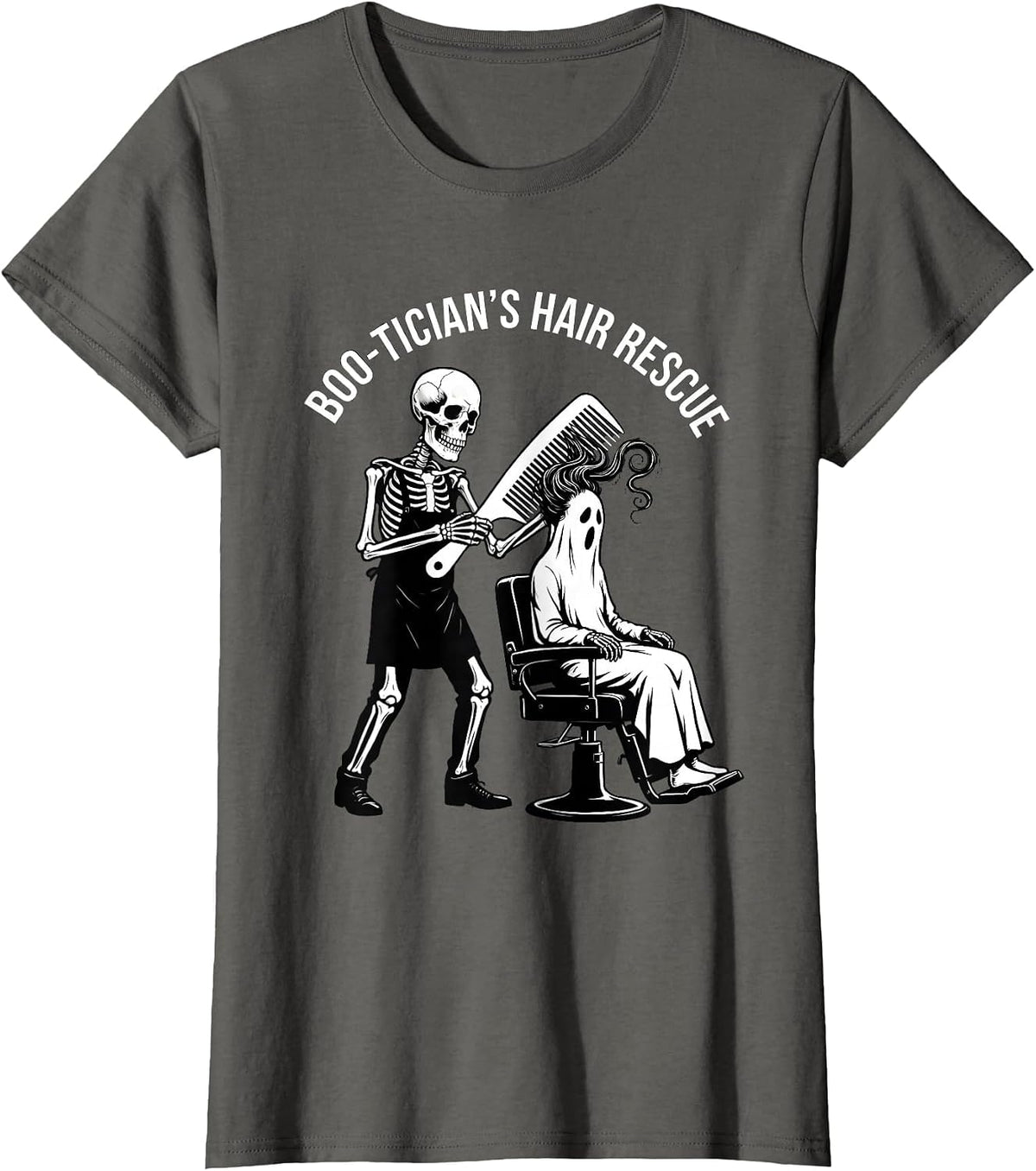 Women's Boo-tician's Hair Rescue Funny Skeleton Hairdresser T-Shirt - Asphalt Grey