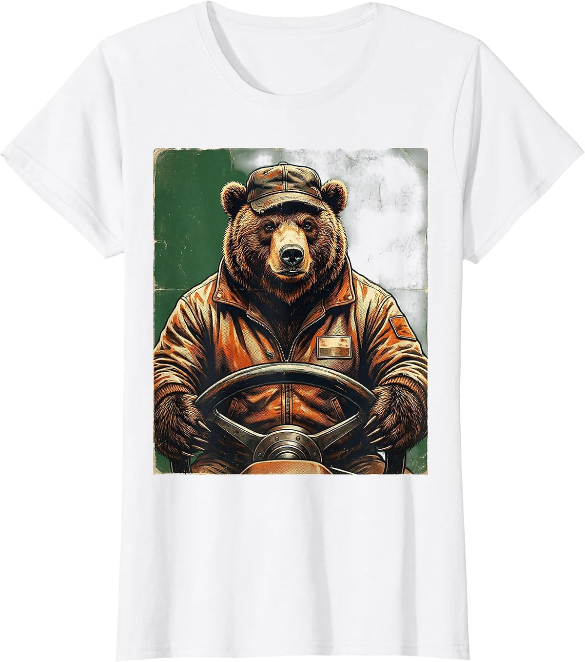 Bus Driver Bear in Uniform Behind the Wheel T-Shirt - White