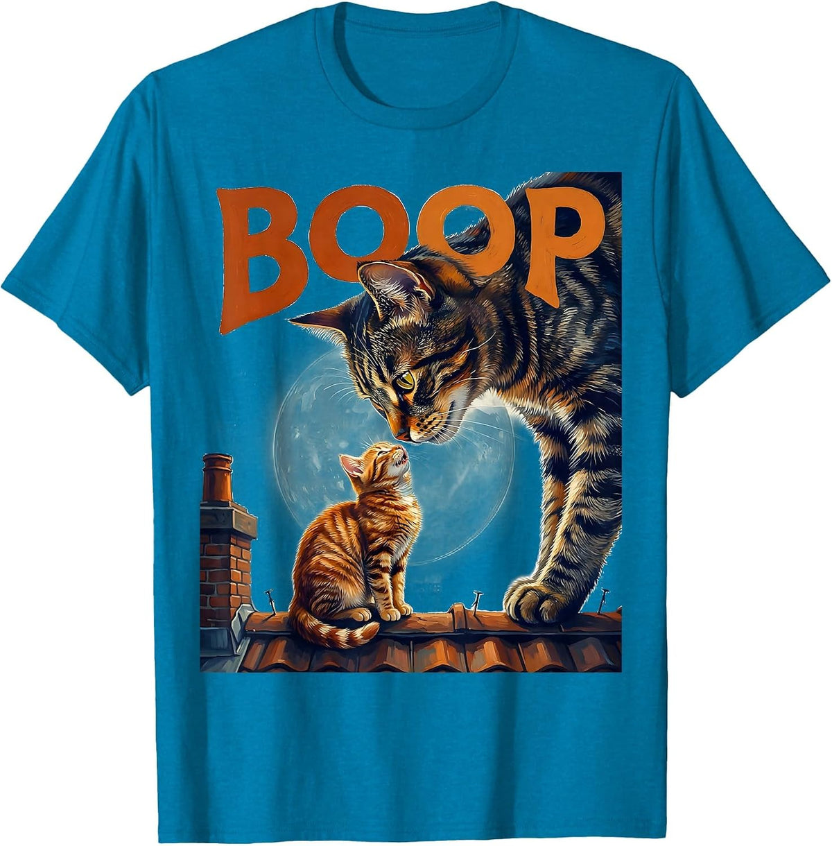 Boop Orange Tabby Cat Howling at Moon 90's Retro T-Shirt - Sapphire Blue