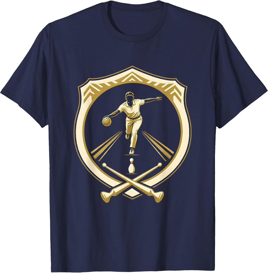 Bowling Silhouette Neon Lane Lights Graphic T-Shirt - Navy Blue