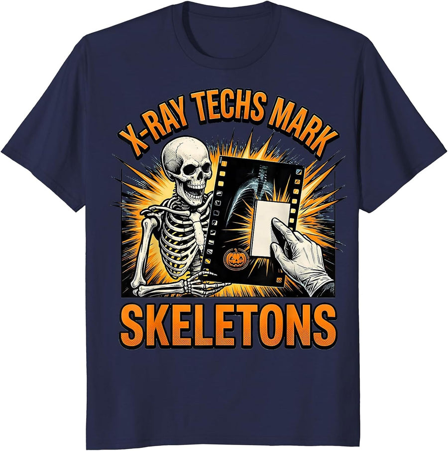 X-Ray Techs Mark Skeletons Comic Book Radiology Halloween T-Shirt - Navy Blue