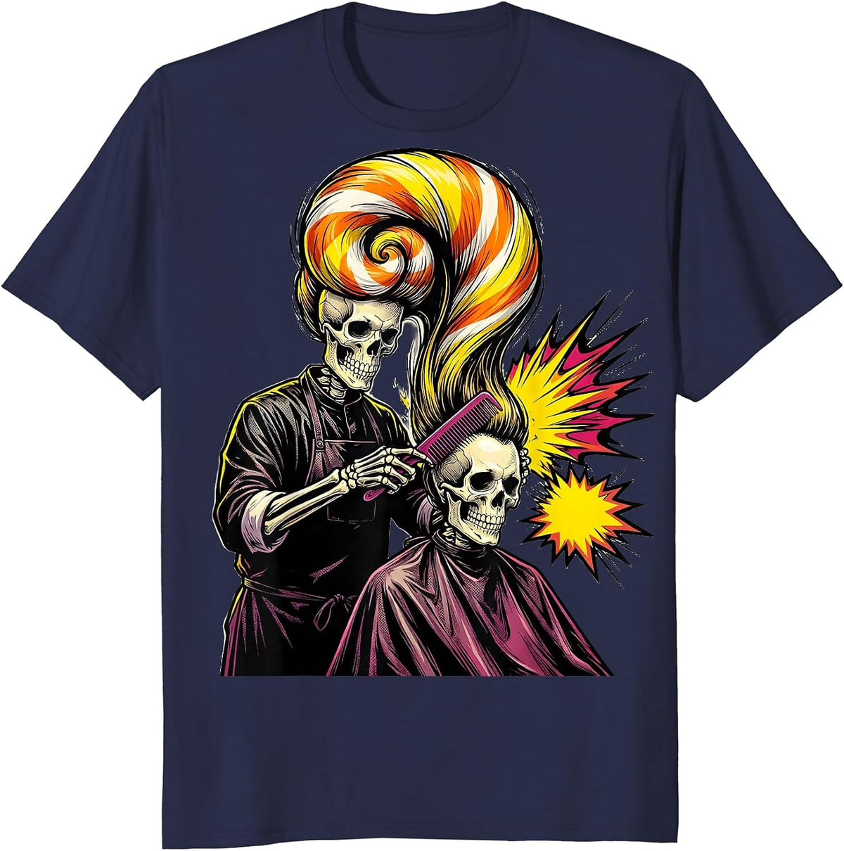 Men's Skeleton Stylist Combing Ghost Pop Art Halloween Hairdresser T-Shirt - Navy Blue