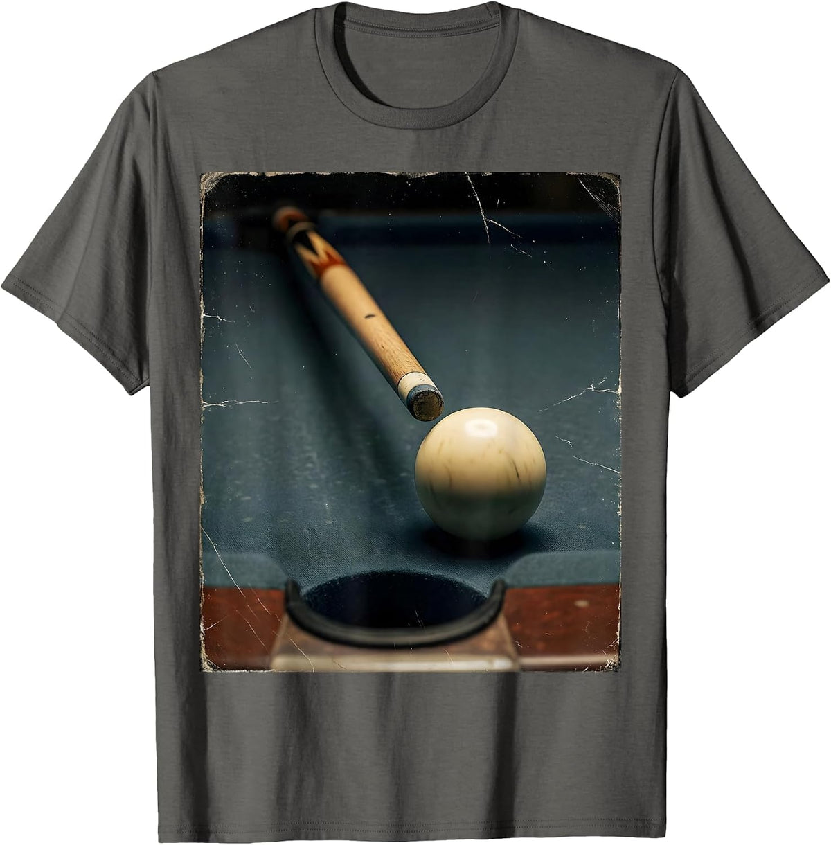Men's Crooked Cue Distressed Billiards Player Humor T-Shirt - Asphalt Grey