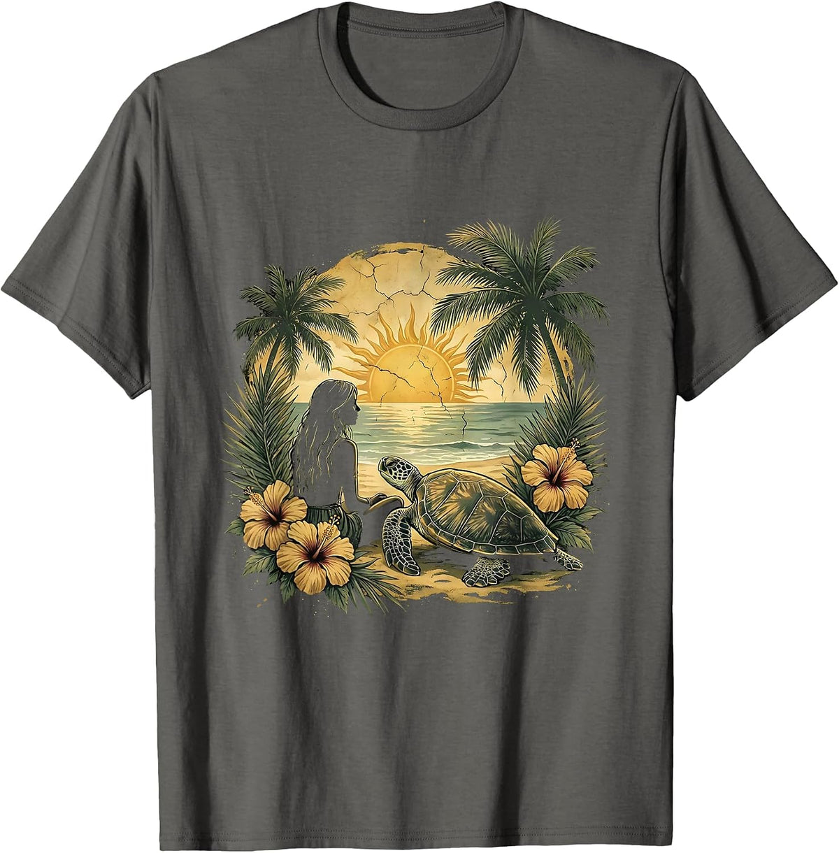 Men's Girl On Beach With Sea Turtle Hawaiian Design T-Shirt - Asphalt Grey