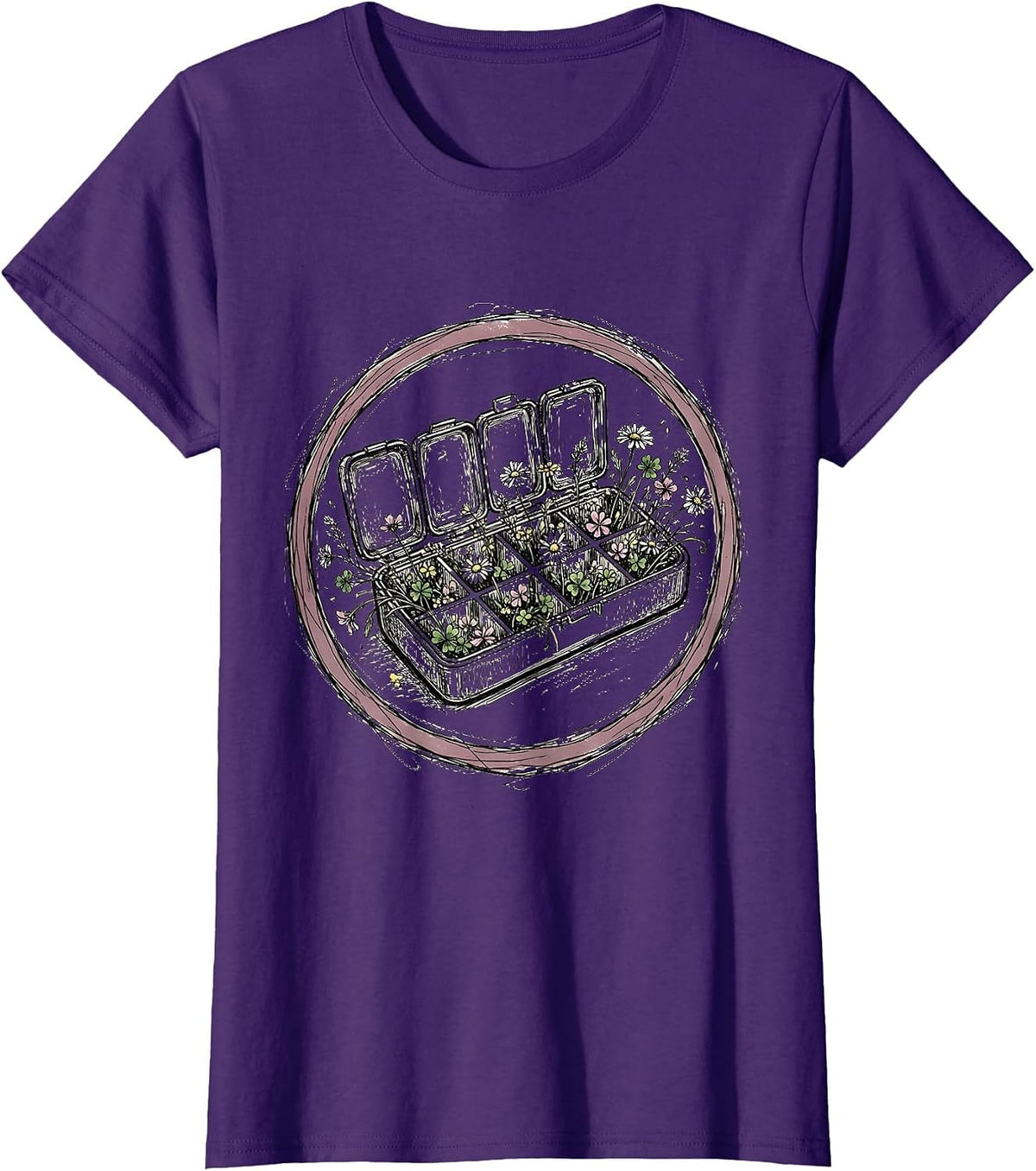 Women's Pill Organizer Overflowing With Flowers Graphic T-Shirt - Purple