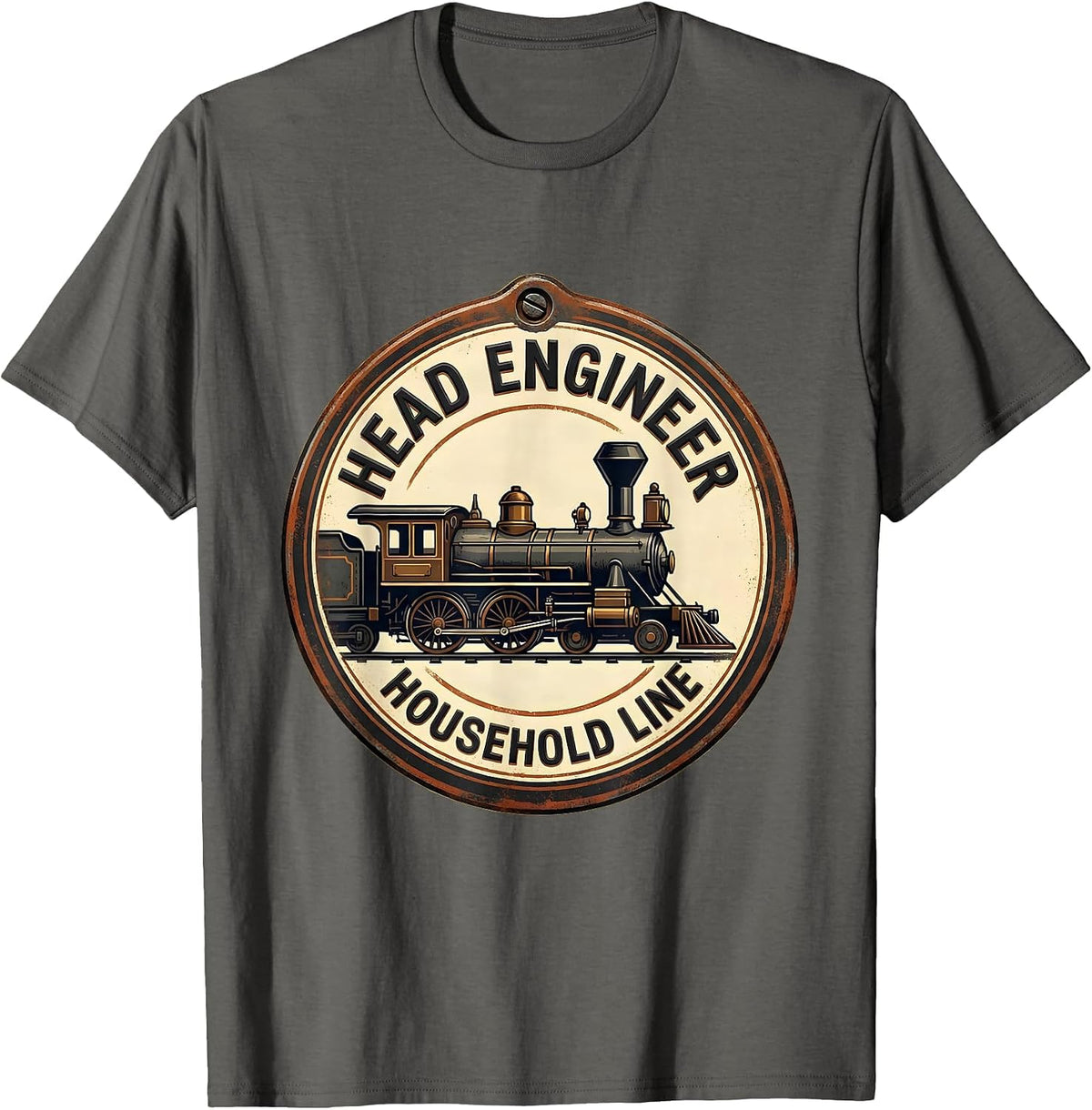 Men's Head Engineer Household Line Vintage Steam Locomotive Train T-Shirt - Asphalt Grey