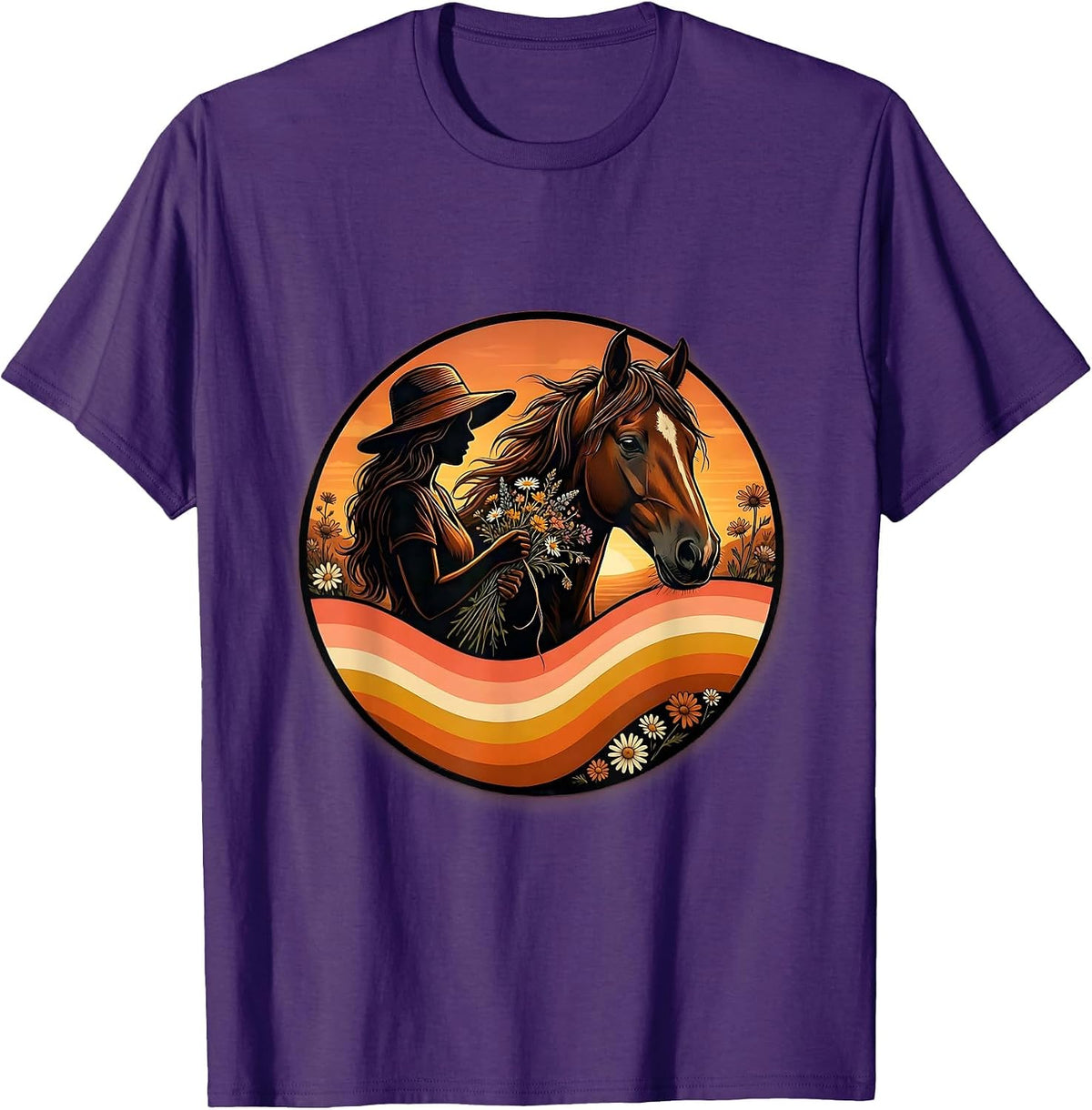 Cowgirl Braiding Horse Mane With Wildflowers T-Shirt - Purple
