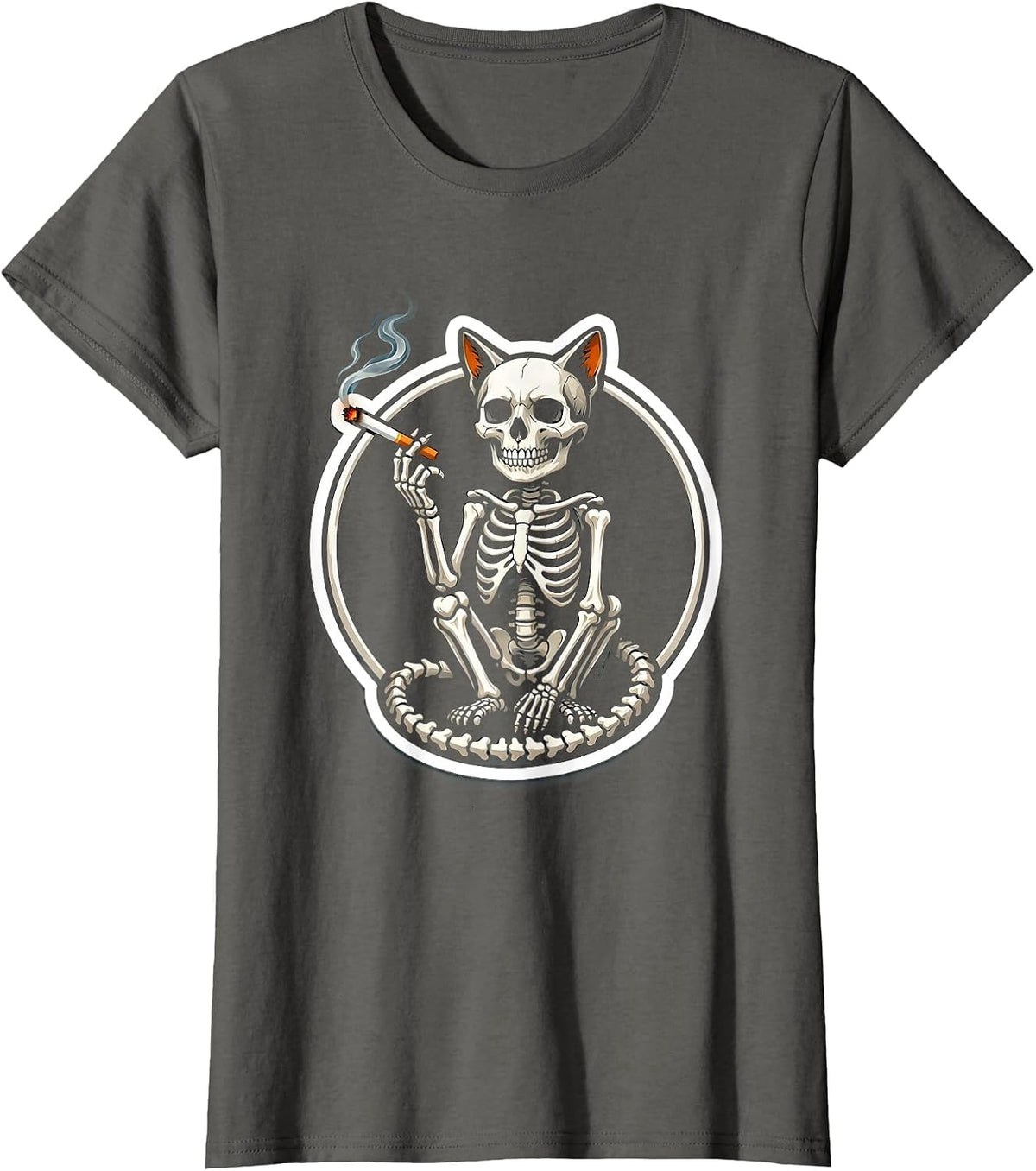 Women's Skeletal Cat Smoking Cigarette Dark Art Graphic T-Shirt - Asphalt Grey