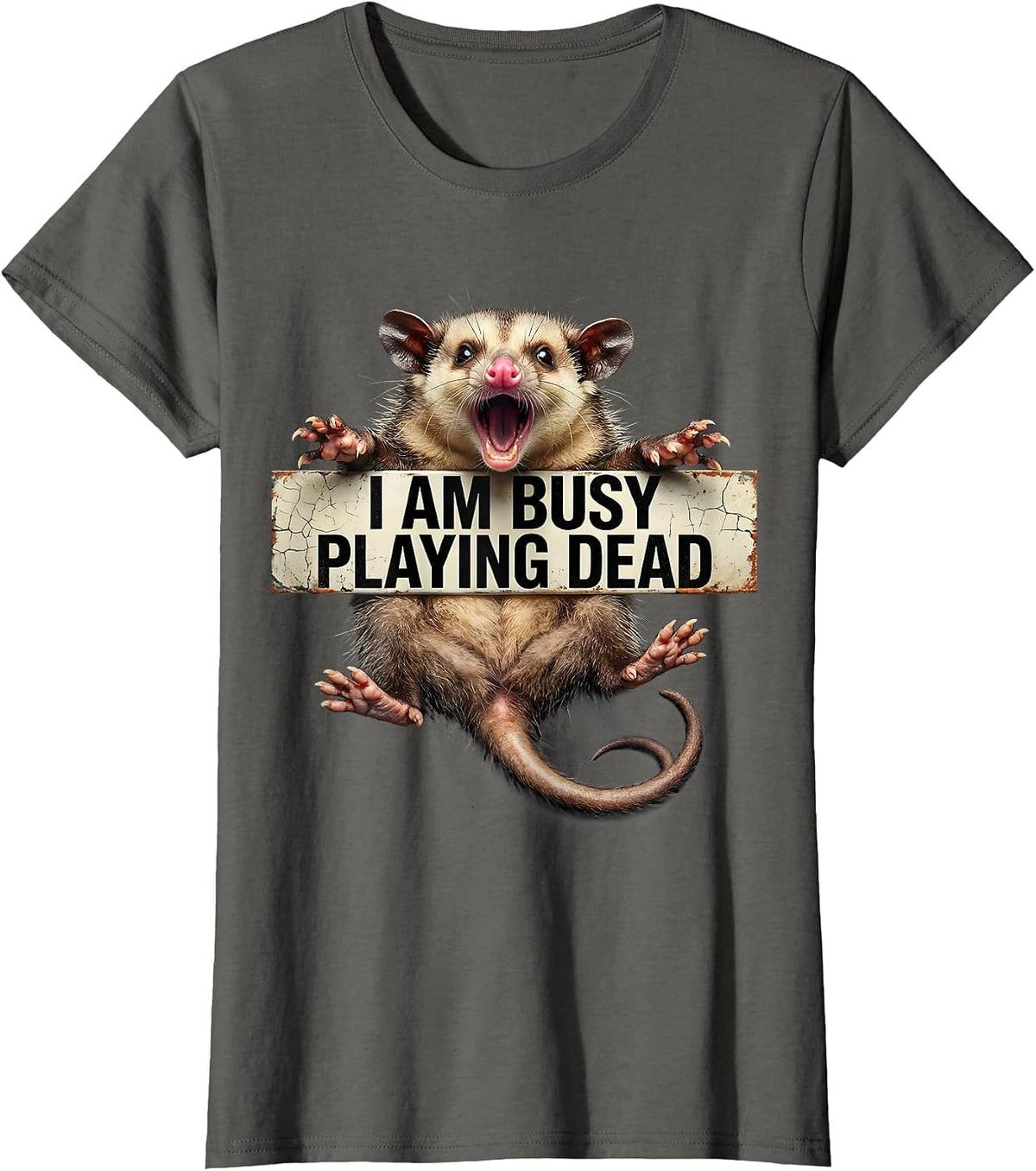 Women's I Am Busy Playing Dead Funny Opossum Possum Lover Humor T-Shirt - Asphalt Grey