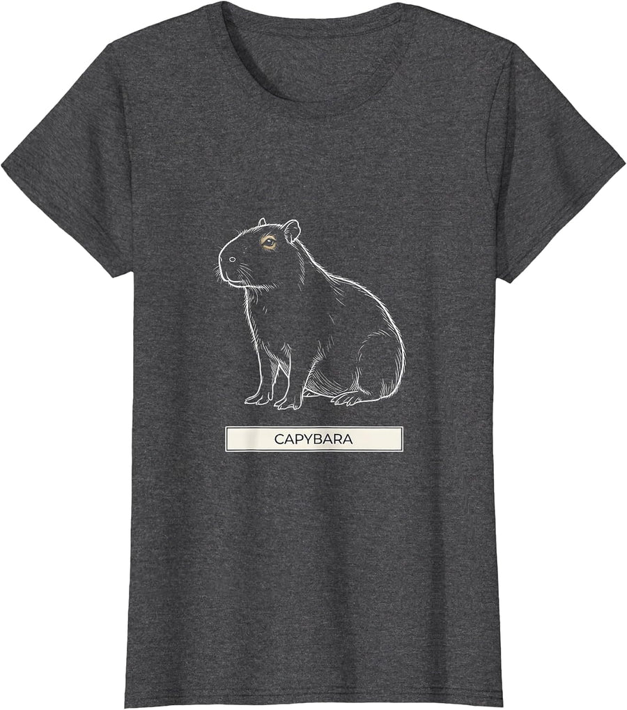 Women's Capybara Minimalist Badge Line Art Animal T-Shirt - Dark Heather Grey