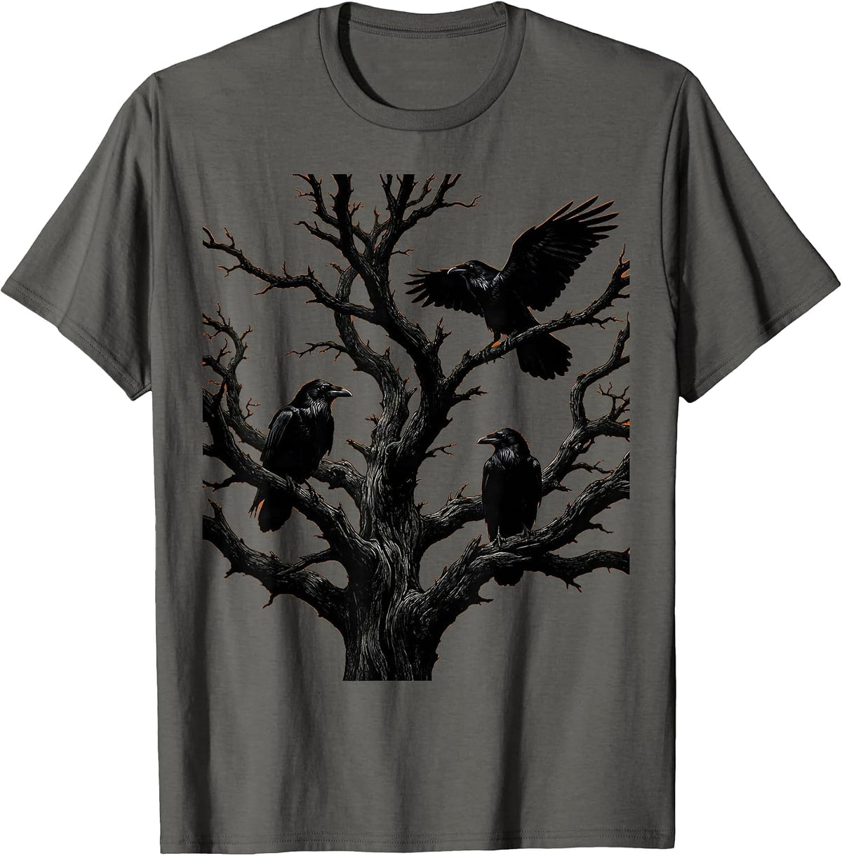 Men's Boys Halloween Ravens on Twisted Dead Tree T-Shirt - Asphalt Grey
