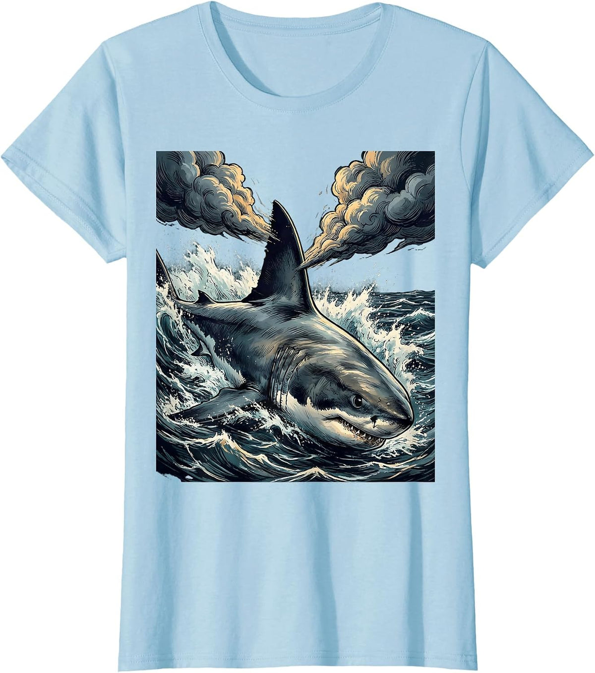 Women's Shark Dorsal Fin Storm Clouds Graphic Tee T-Shirt - Baby Blue