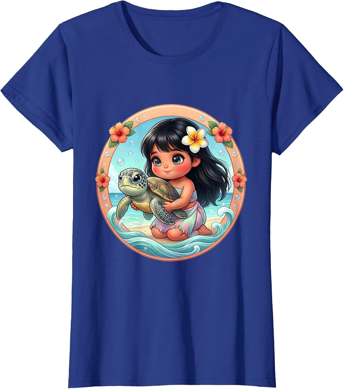 Women's Hawaiian Girl Releasing Sea Turtle Ocean Art T-Shirt - Royal Blue