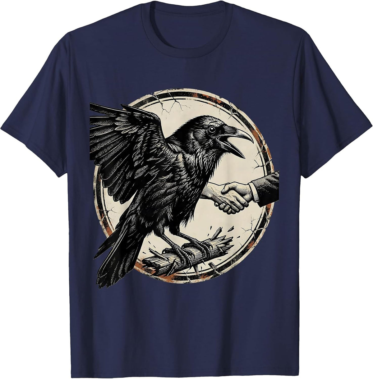 Men's Sealed Crow Badge Distressed Gothic Bird Lover T-Shirt - Navy Blue