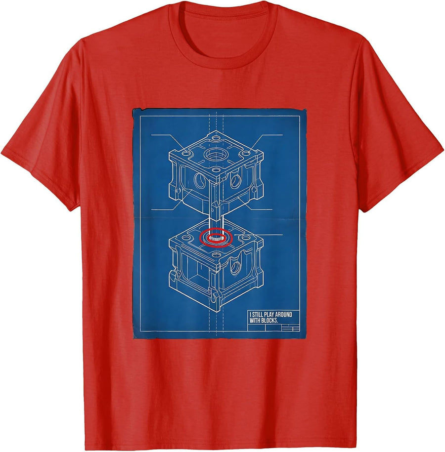 Men's I Still Play Around With Blocks Funny Mechanic Garage Motor T-Shirt - Red