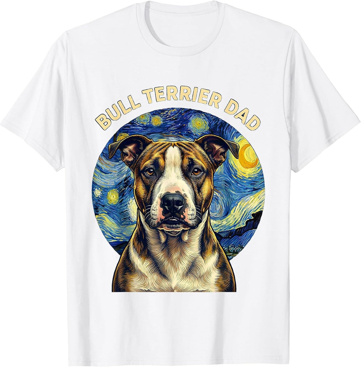 Men's Bull Terrier Dad Whimsical Art Homage Dog Breed Portrait T-Shirt - White