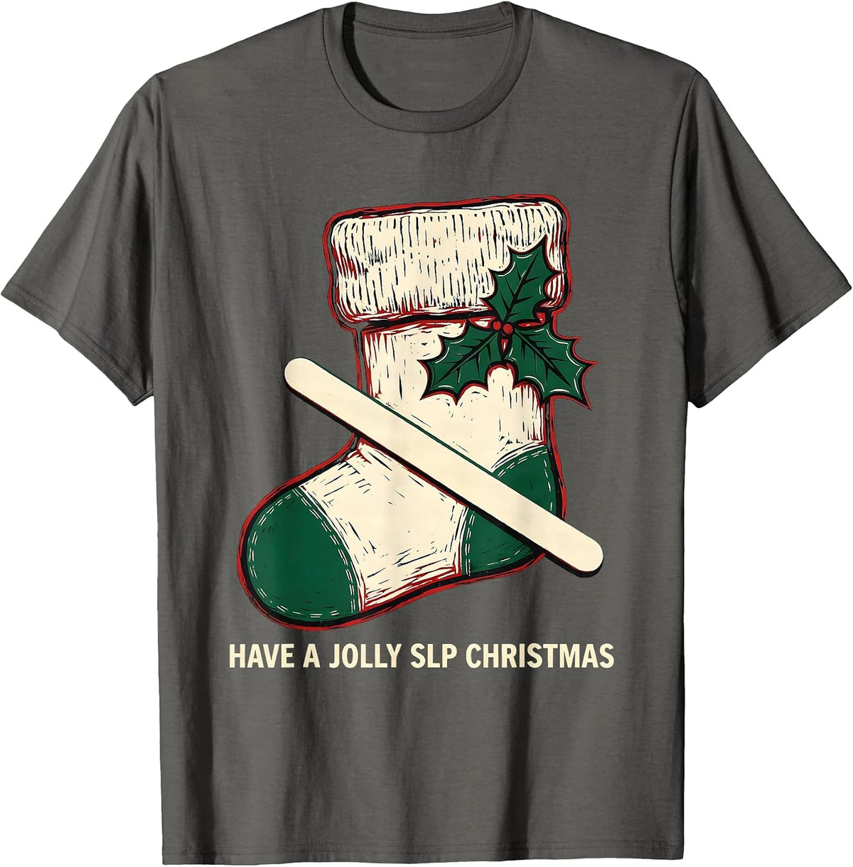Have a Jolly SLP Christmas Linocut Speech Therapist Holiday T-Shirt - Asphalt Grey