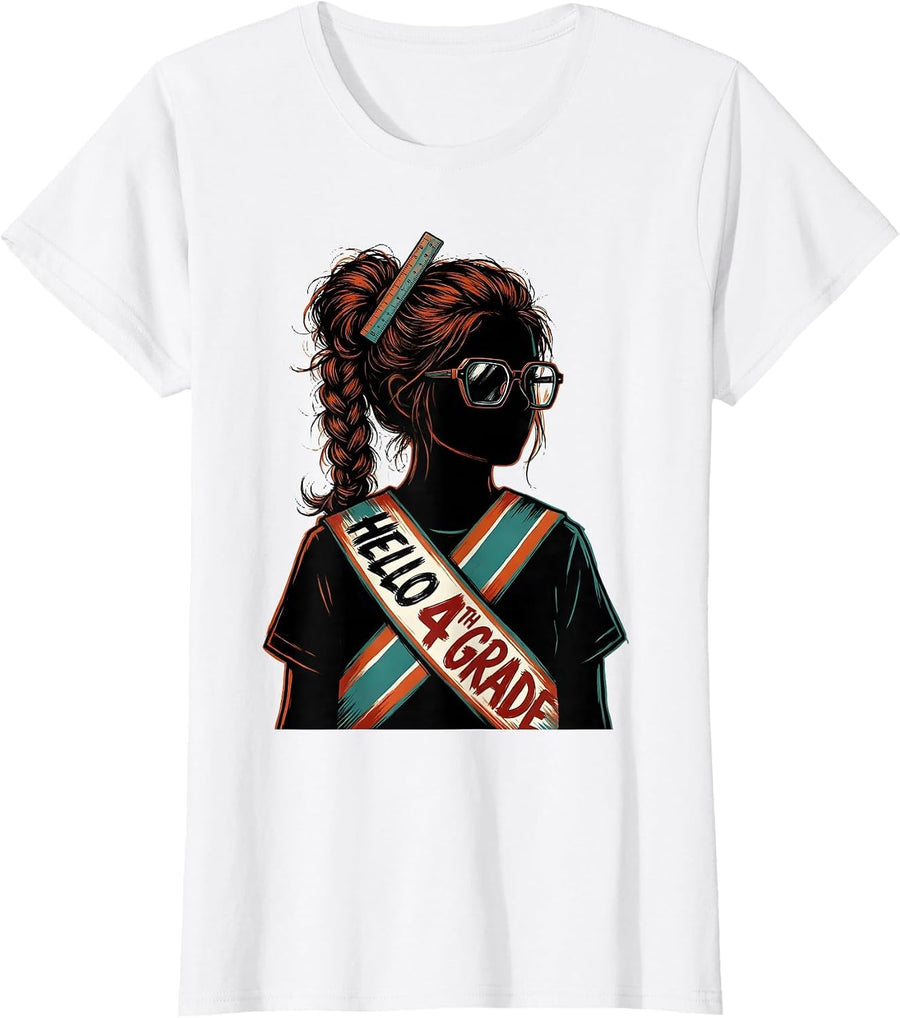 Women's Hello 4th Grade Playful Messy Bun First Day of School T-Shirt - White