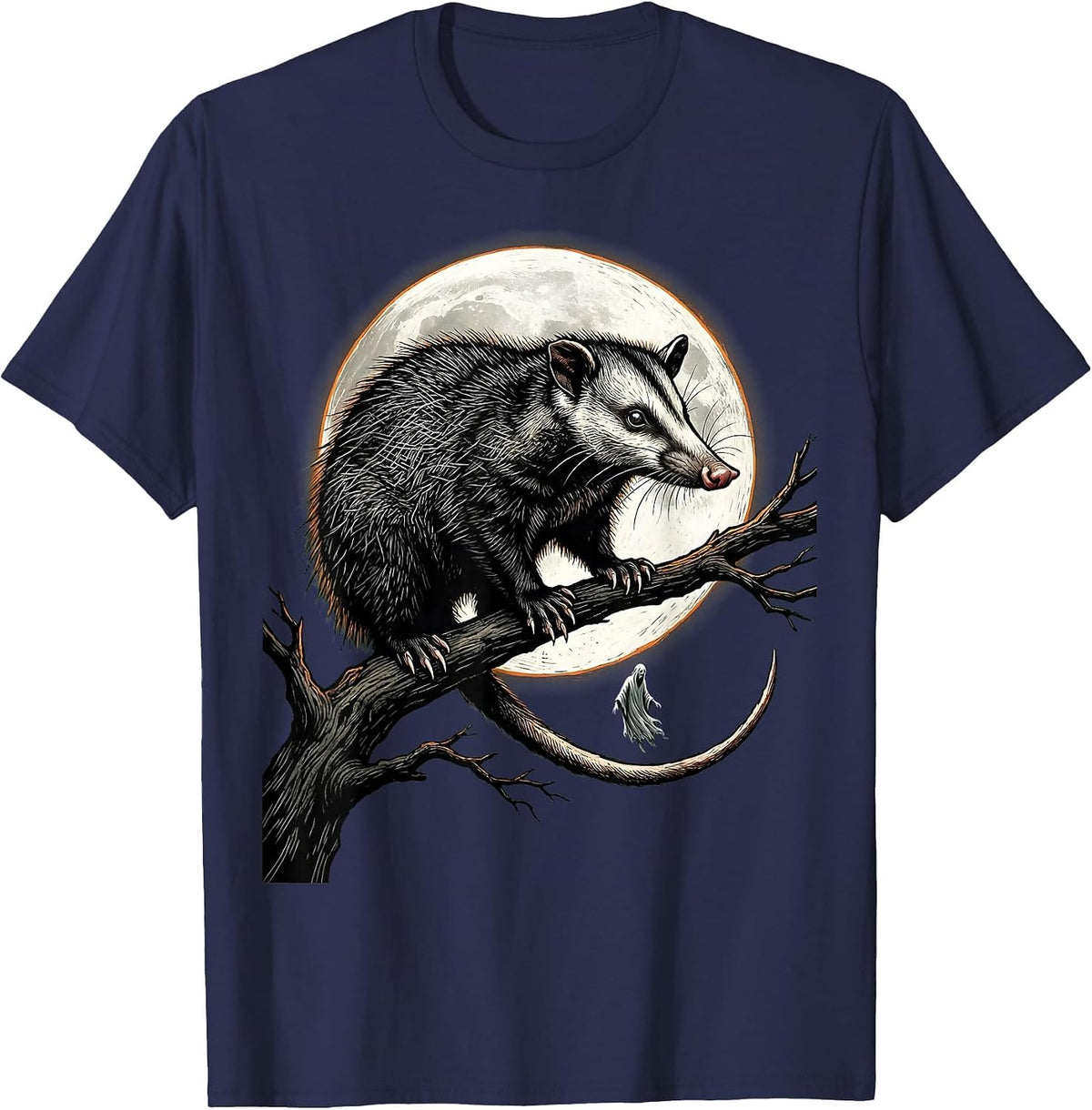 Solemn Opossum Spooky Moon Vintage Halloween T-Shirt - Navy Blue
