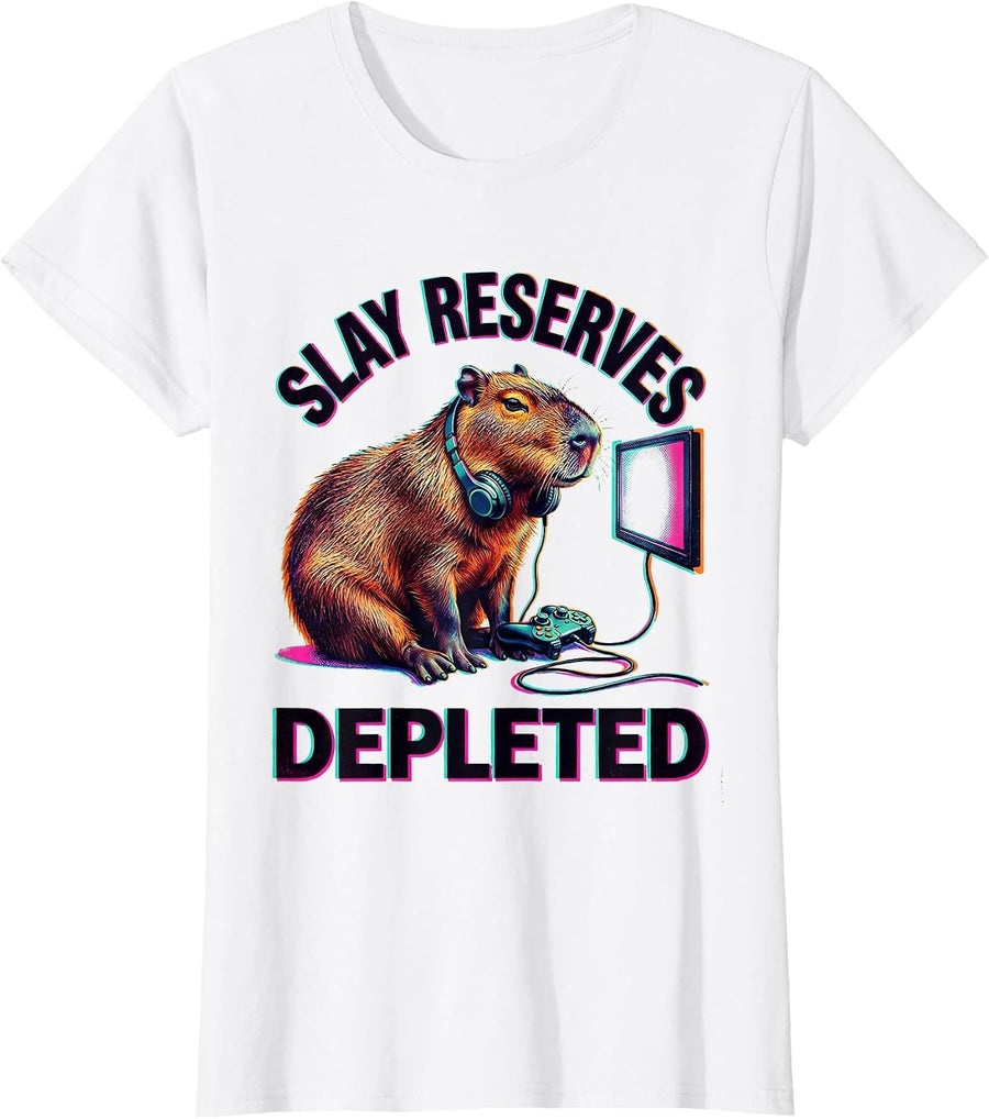 Women's Slay Reserves Depleted Funny Capybara Gamer Bruh Meme Humor T-Shirt - White