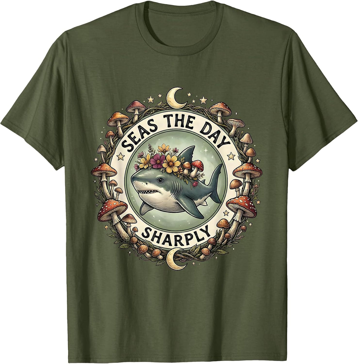 Seas the Day Sharply Shark Ocean Design T-Shirt - Olive Green