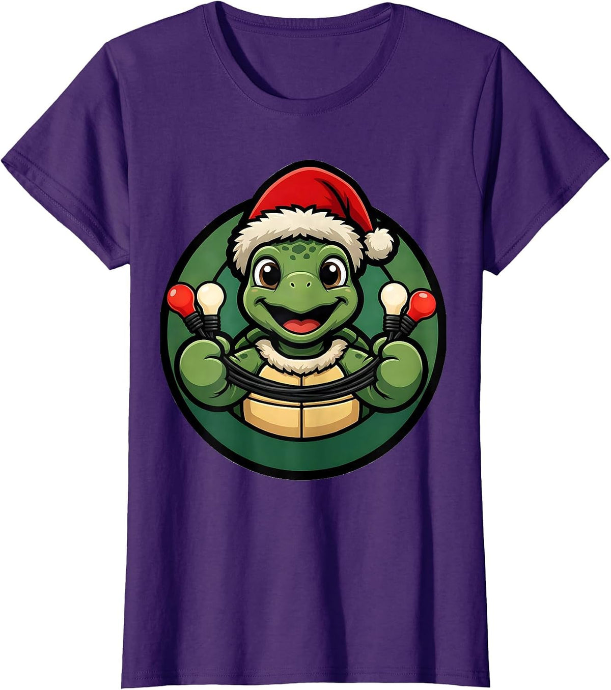 Women's Sea Turtle Santa Hat Mascot Logo Christmas Lights Novelty T-Shirt - Purple