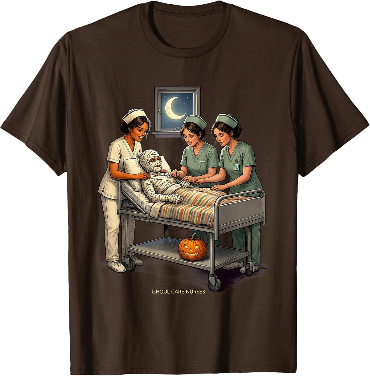 Men's Ghoul Care Nurses Funny Halloween Nurse Squad Team T-Shirt - Brown
