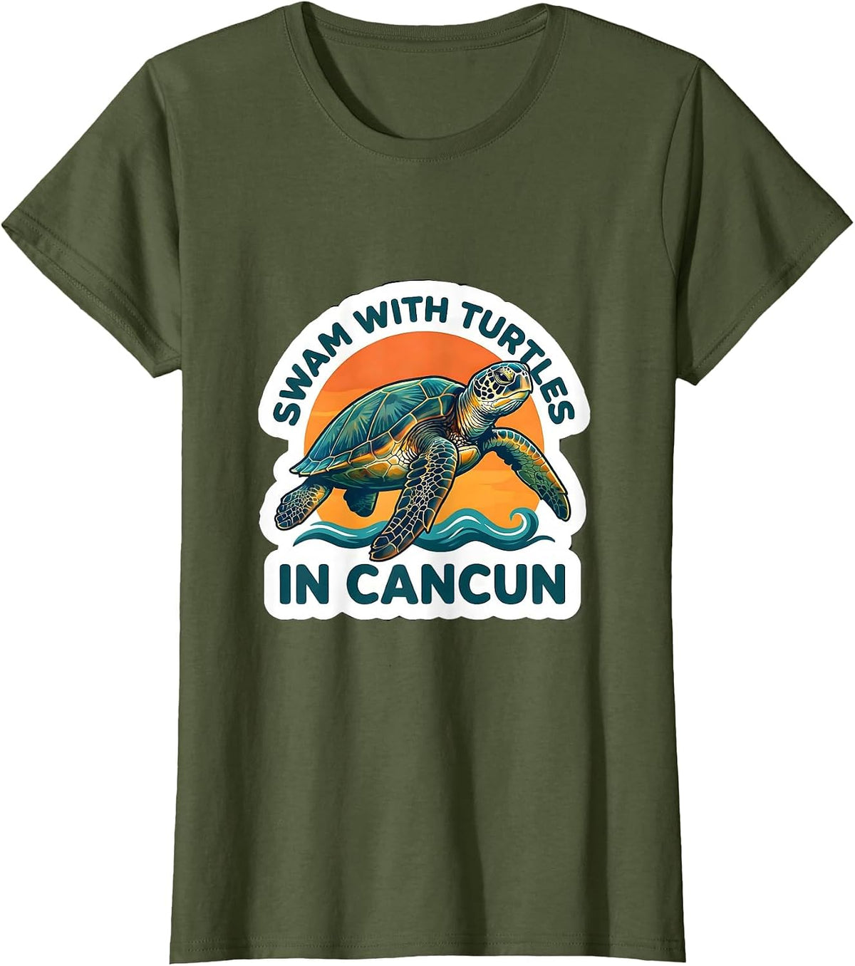 Women's Swam With Turtles In Cancun Sticker Style Tropical Souvenir T-Shirt - Olive Green