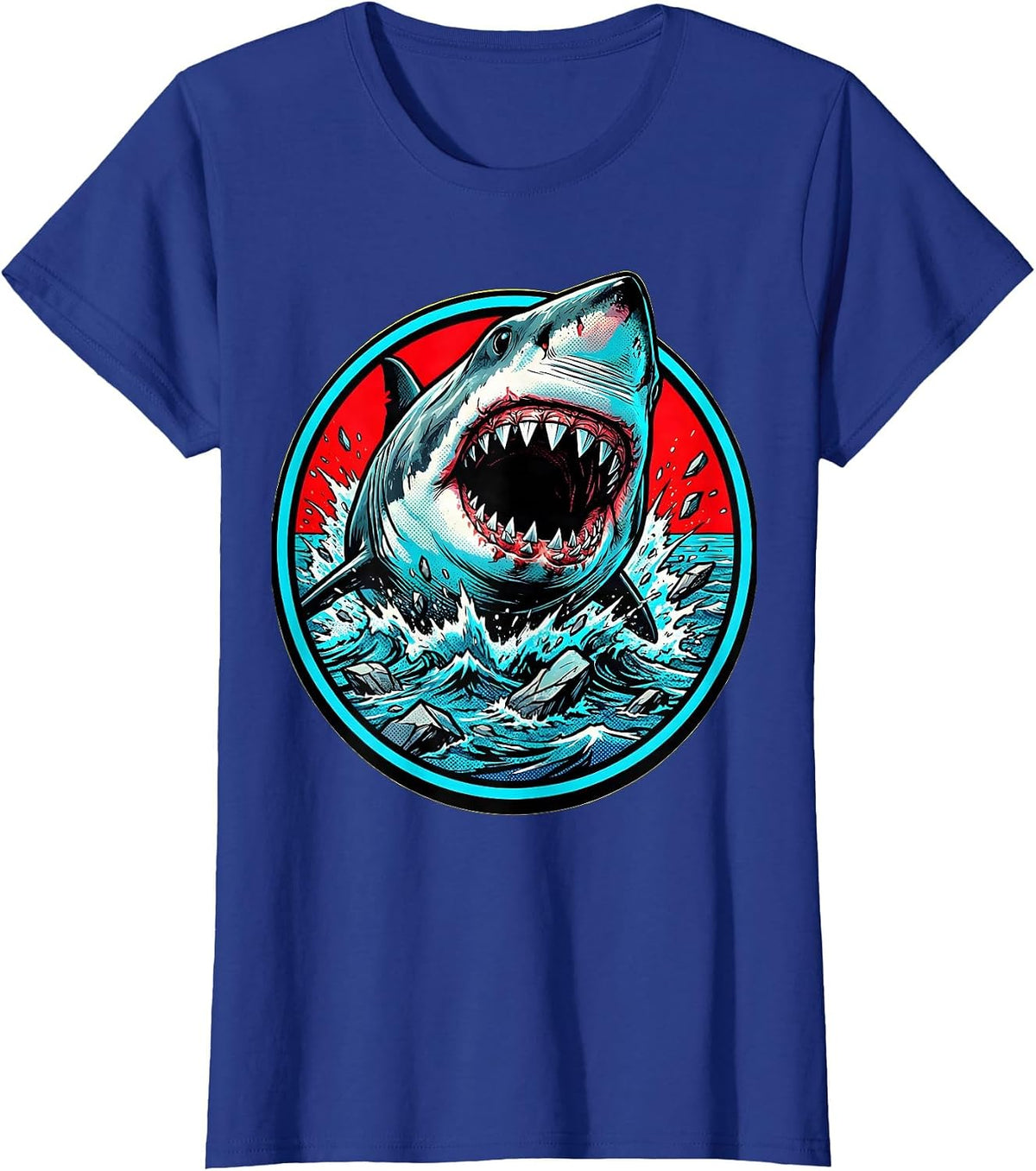 Women's Great White Shark Ocean Burst Graphic Tee T-Shirt - Royal Blue