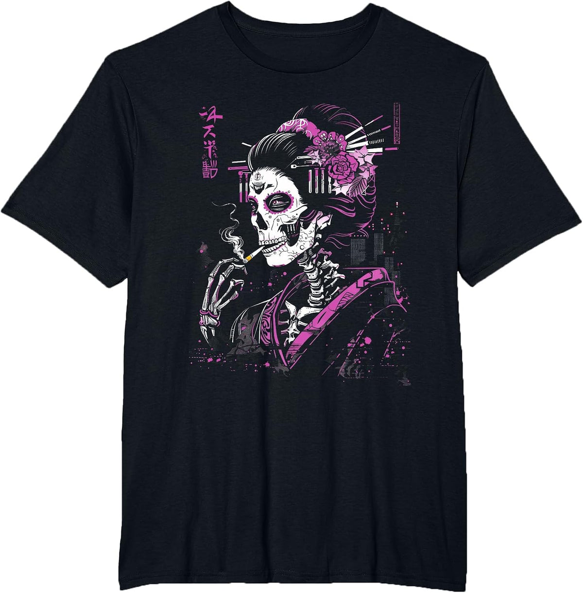 Anime Japanese Goth Cyberpunk City Skull Sugar T-Shirt - Black