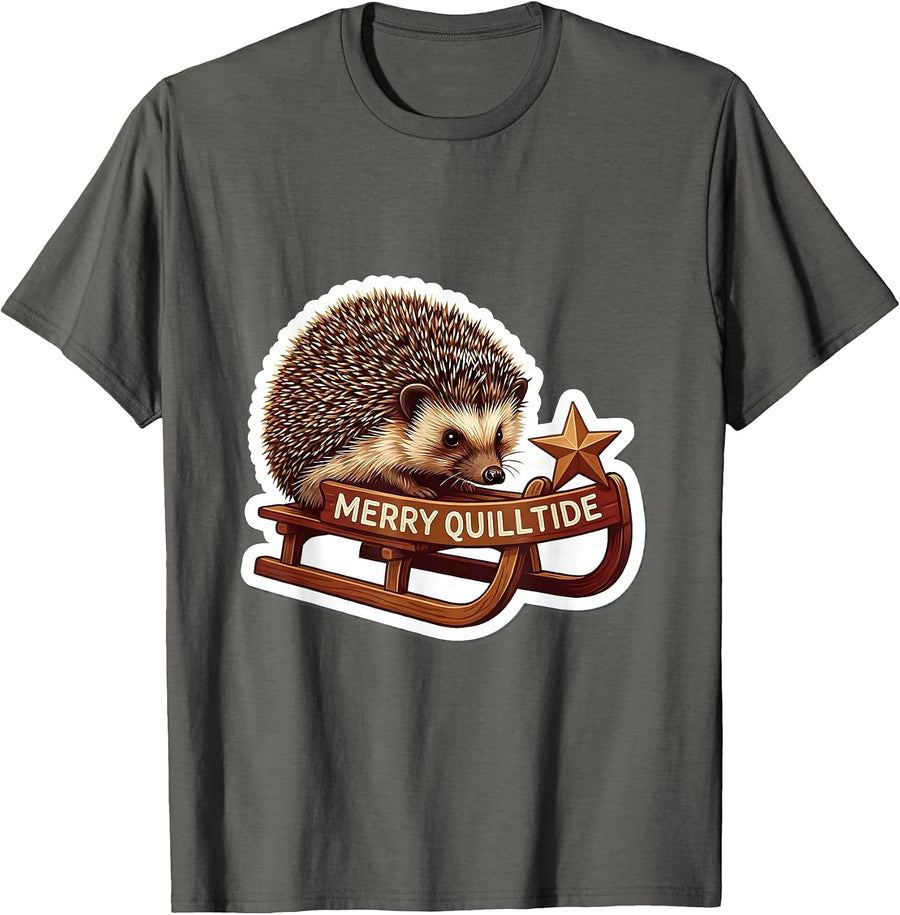 Merry Quilltide Cute Hedgehog Christmas Humor Gift T-Shirt - Asphalt Grey