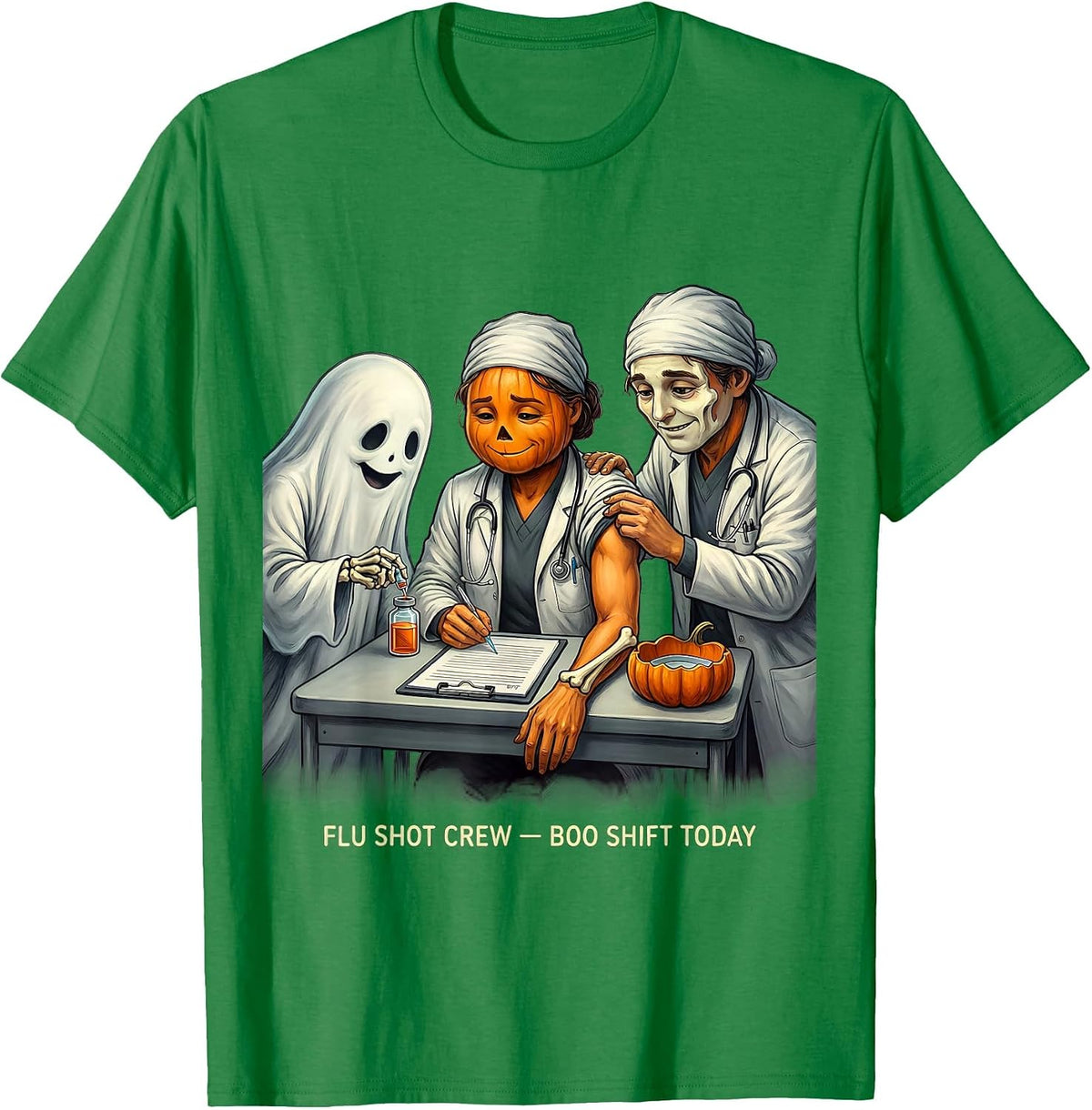 Men's Flu Shot Crew Boo Shift Today Funny Nurse Ghost Halloween T-Shirt - Kelly Green
