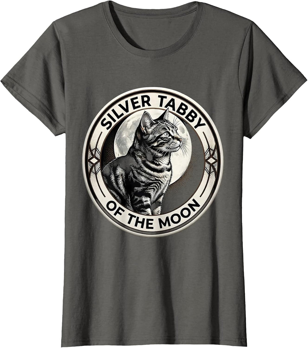 Women's Silver Tabby Of The Moon Blackwork Dotwork Cat Lover Humor T-Shirt - Asphalt Grey