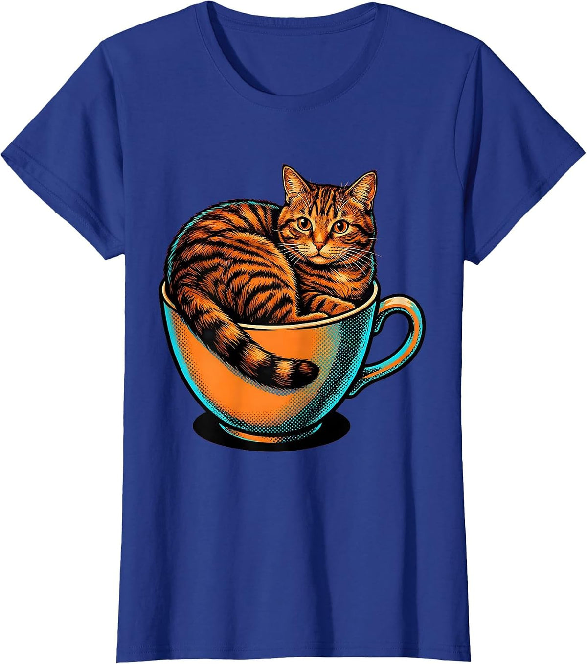 Women's Cozy Tabby Cat Curled in a Teacup Illustration T-Shirt - Royal Blue