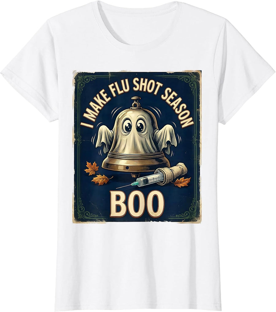Women's I Make Flu Shot Season Boo Vintage Halloween Nurse Ghost T-Shirt - White