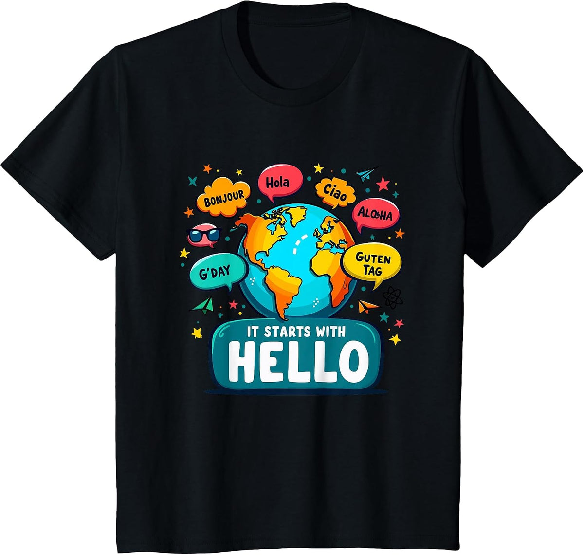 It Starts with Hello Friendship Inclusion Language Teacher T-Shirt - Black