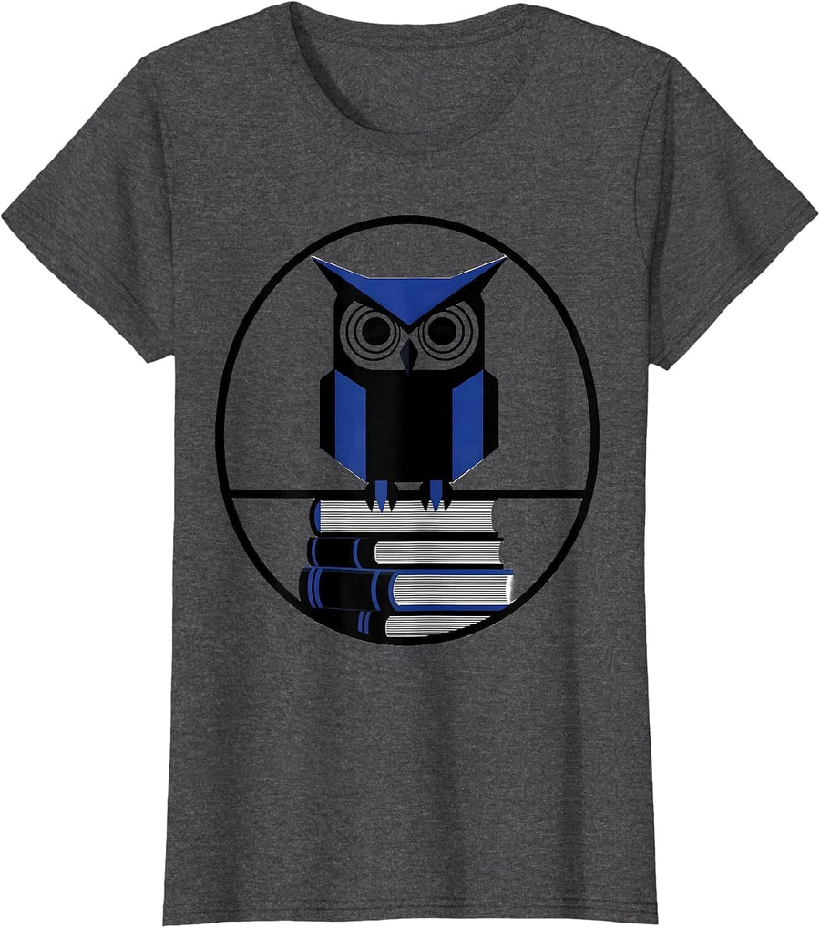 Women's Wise Owl Perched on Stack of Books Illustration T-Shirt - Dark Heather Grey