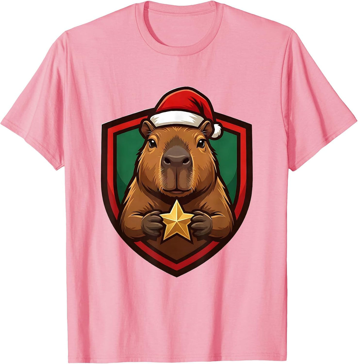 Men's Capybara Santa Hat Shield Badge Cute Christmas Animal Lover T-Shirt - Pink