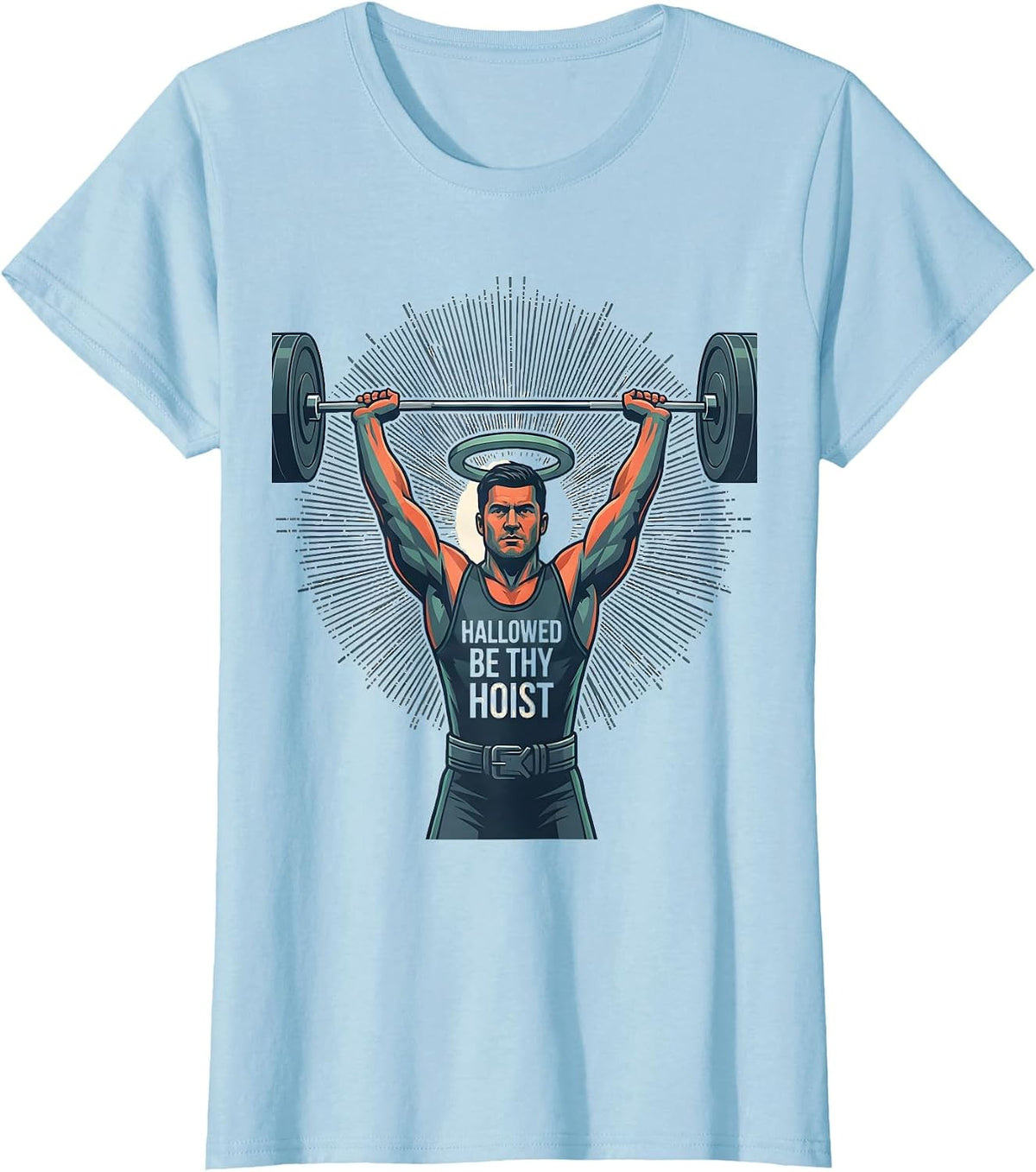Women's Hallowed Be Thy Hoist Funny Christian Gym Weightlifter Humor T-Shirt - Baby Blue
