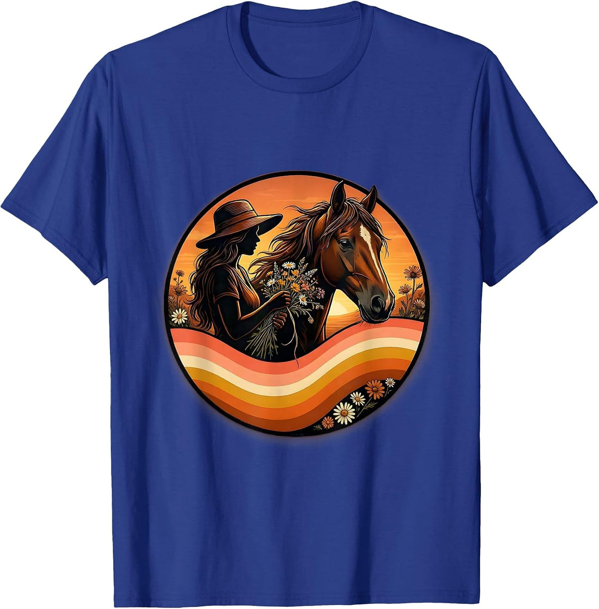 Cowgirl Braiding Horse Mane With Wildflowers T-Shirt - Royal Blue