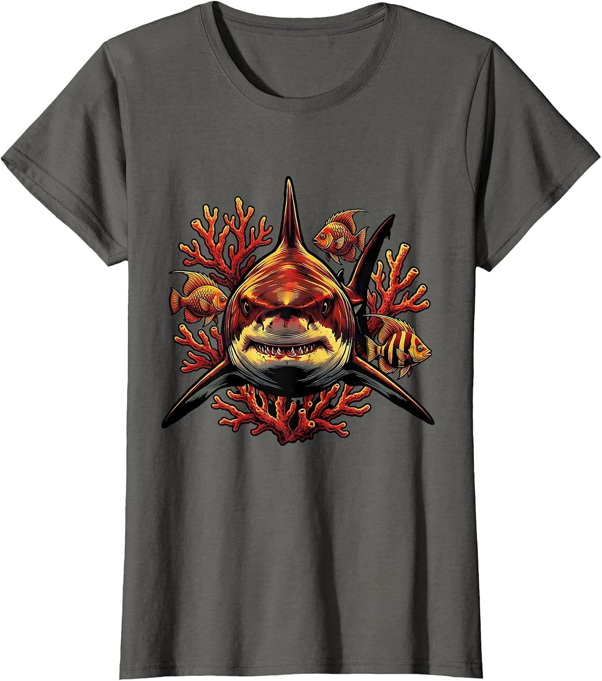 Women's Bull Shark Coral Reef Illustration T-Shirt - Asphalt Grey